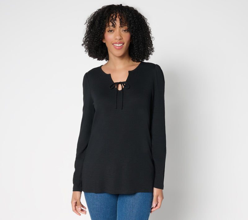 Belle by Kim Gravel Slub Knit U Neck Tie Front Top — View 12