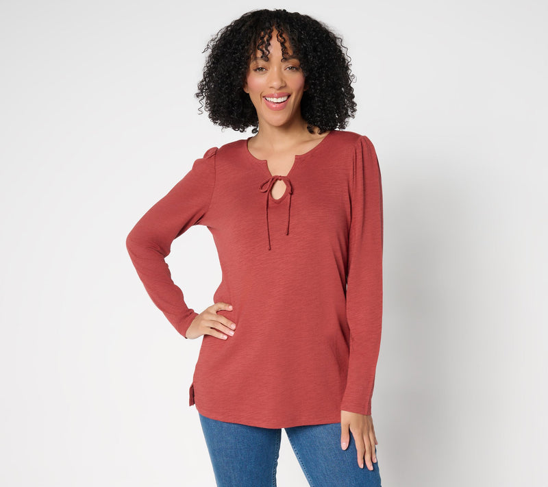 Belle by Kim Gravel Slub Knit U Neck Tie Front Top — View 15