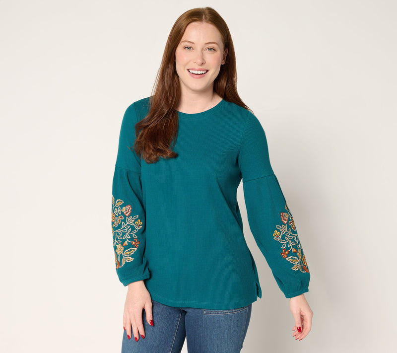 Belle Boho by Kim Gravel Micro Waffle Lantern Sleeve Embroidered Top — Main view