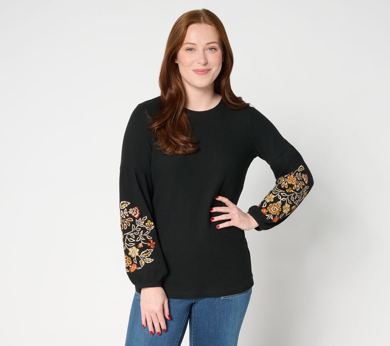 Belle Boho by Kim Gravel Micro Waffle Lantern Sleeve Embroidered Top — View 11