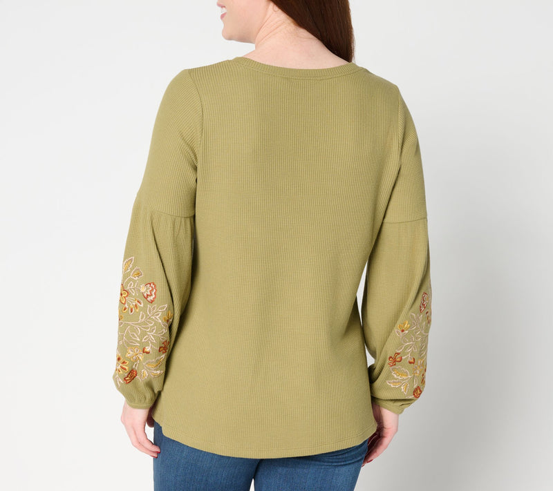 Belle Boho by Kim Gravel Micro Waffle Lantern Sleeve Embroidered Top — View 14