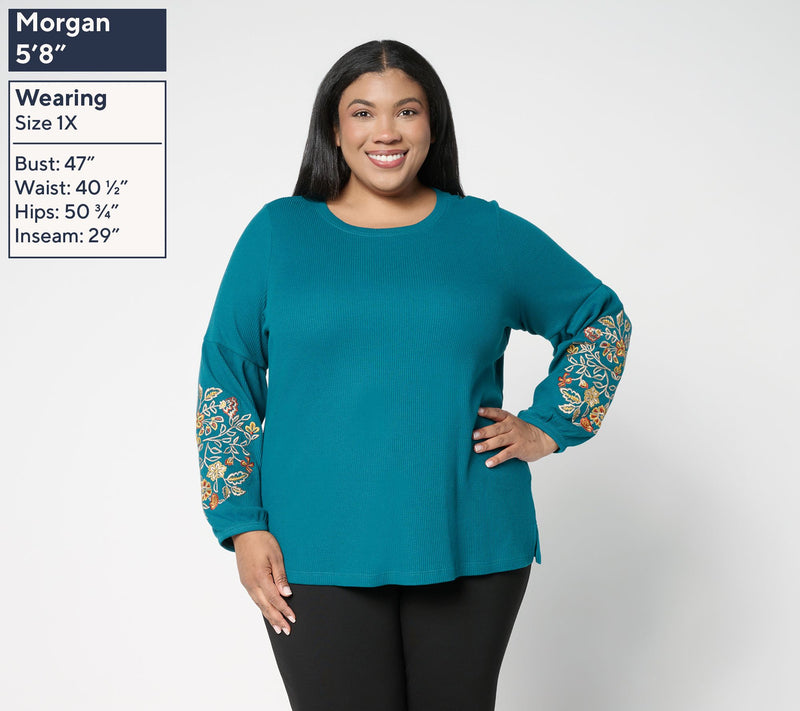 Belle Boho by Kim Gravel Micro Waffle Lantern Sleeve Embroidered Top — View 12