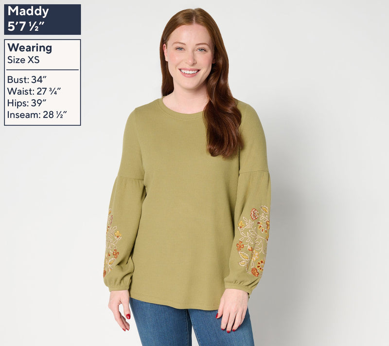Belle Boho by Kim Gravel Micro Waffle Lantern Sleeve Embroidered Top — View 13