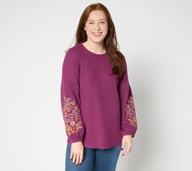 Belle Boho by Kim Gravel Micro Waffle Lantern Sleeve Embroidered Top — View 7