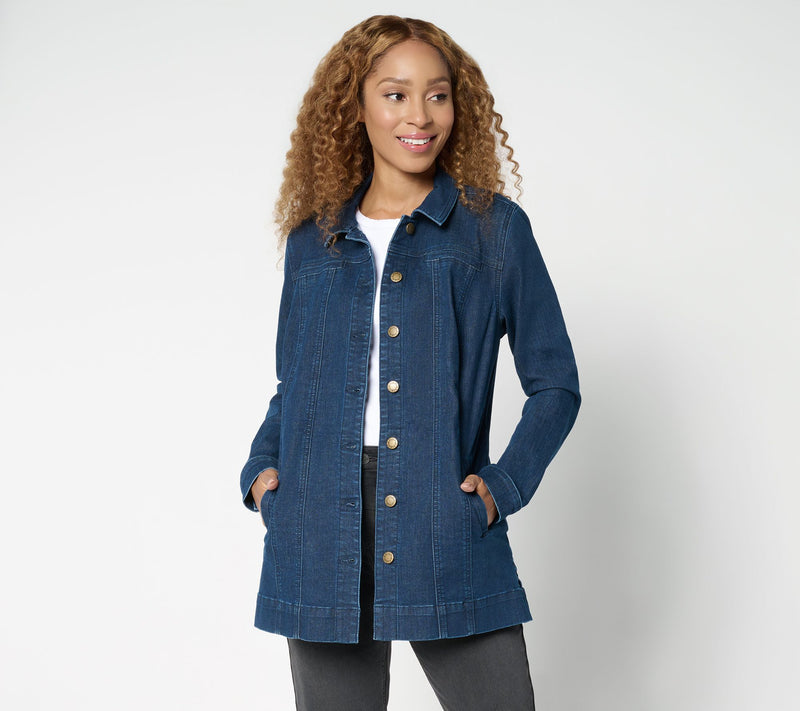 Belle Boho by Kim Gravel Petite  Stretch Denim Long Ranch Jacket — View 15