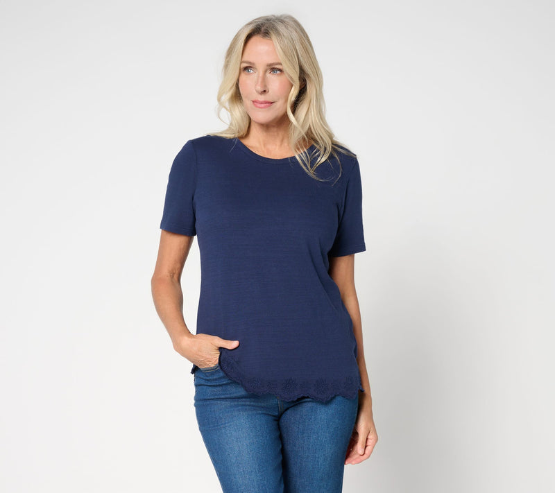 Denim & Co. 100% Cotton Short Sleeve Embroidered Hem Round Neck Top — View 5