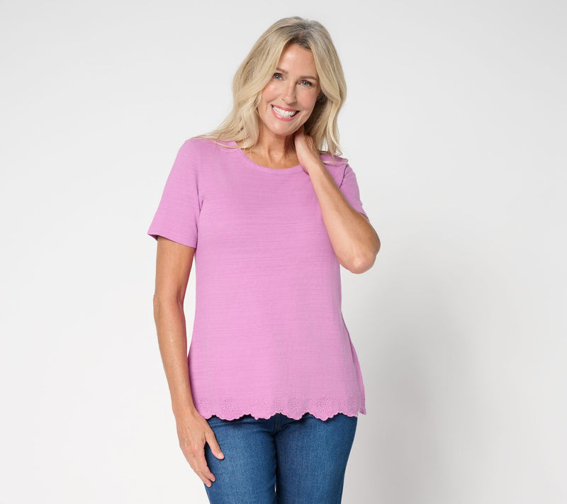 Denim & Co. 100% Cotton Short Sleeve Embroidered Hem Round Neck Top — View 9