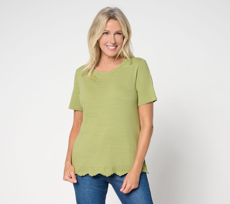 Denim & Co. 100% Cotton Short Sleeve Embroidered Hem Round Neck Top — View 7