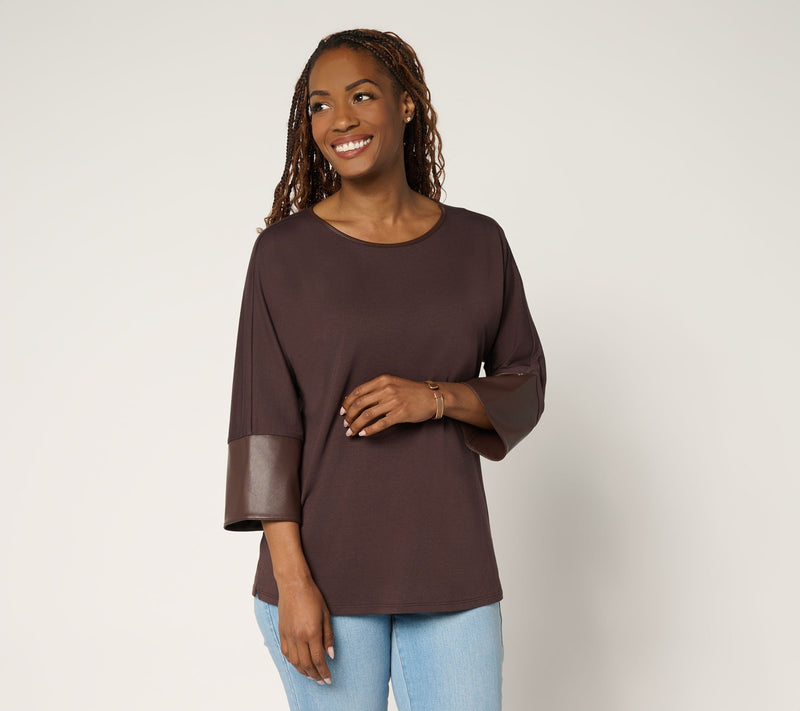 Belle by Kim Gravel TripleLuxe Knit Top with Faux Leather Cuffs — View 7