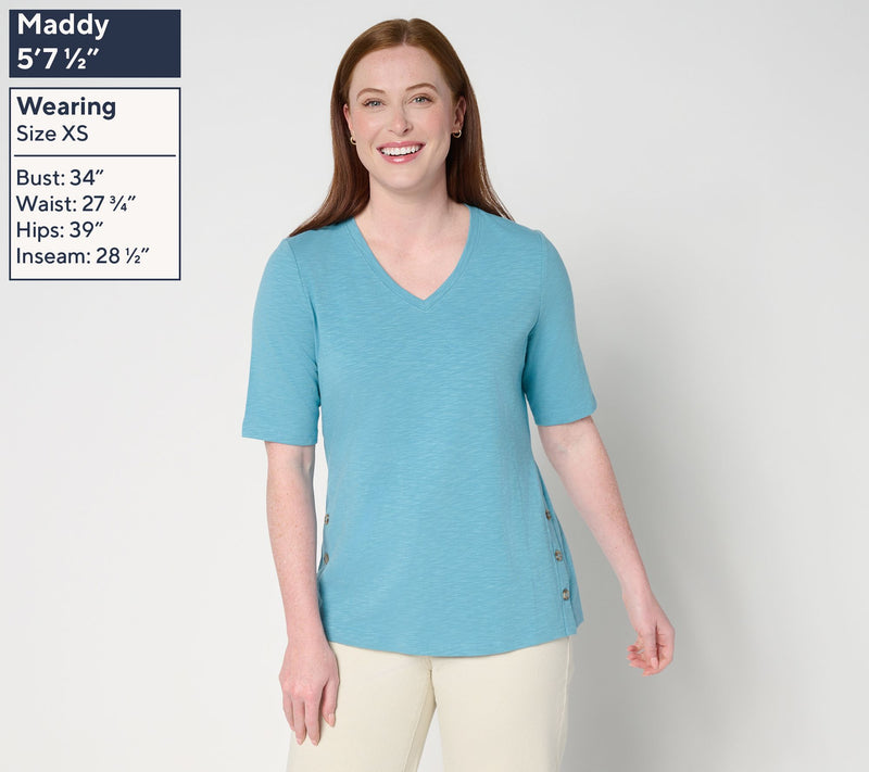 Denim & Co. Texture Knit Elbow Sleeve Top with Side Button Detail — View 3