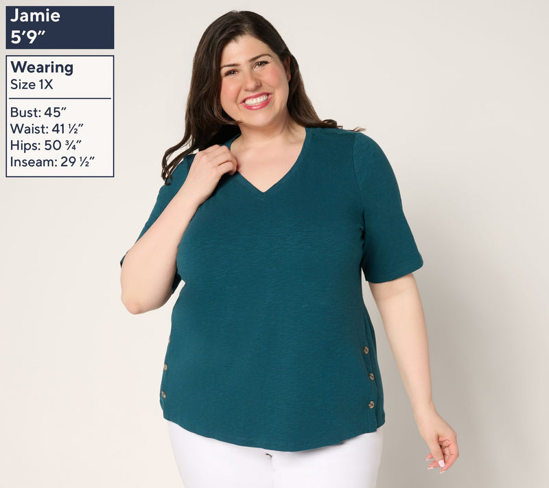 Denim & Co. Texture Knit Elbow Sleeve Top with Side Button Detail — View 2