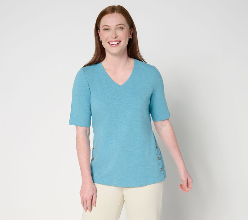 Denim & Co. Texture Knit Elbow Sleeve Top with Side Button Detail — Main view
