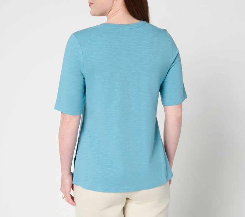 Denim & Co. Texture Knit Elbow Sleeve Top with Side Button Detail — View 4