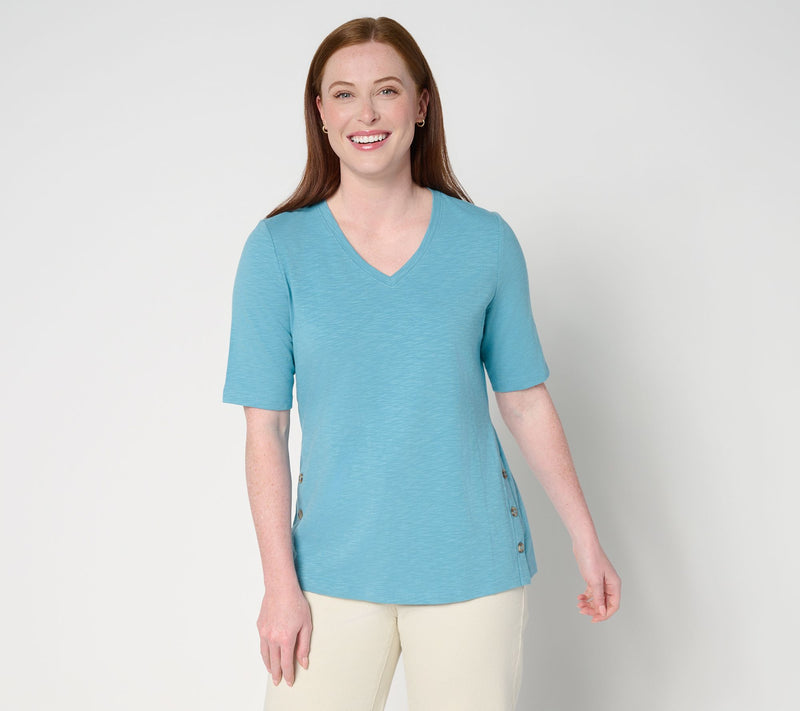 Denim & Co. Texture Knit Elbow Sleeve Top with Side Button Detail — View 11