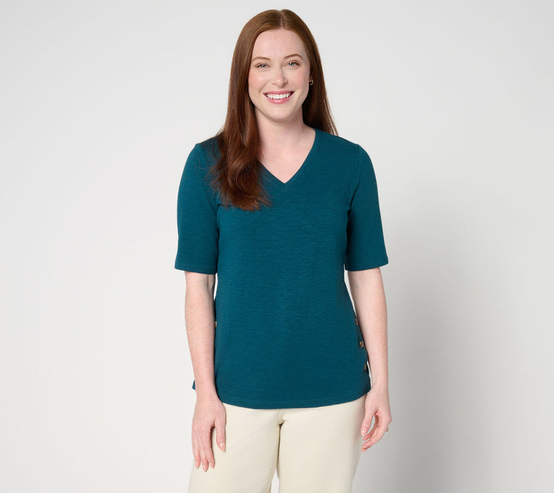 Denim & Co. Texture Knit Elbow Sleeve Top with Side Button Detail — View 13