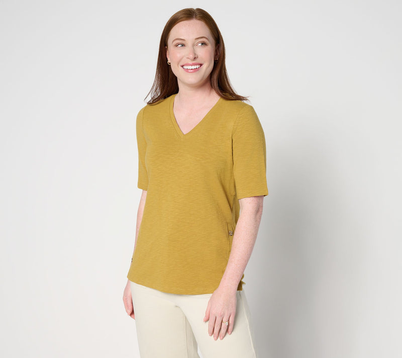 Denim & Co. Texture Knit Elbow Sleeve Top with Side Button Detail — View 14