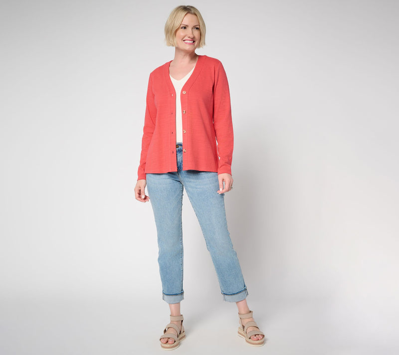 Denim & Co. Textured Cotton Long Sleeve Button Front Cardigan — View 5