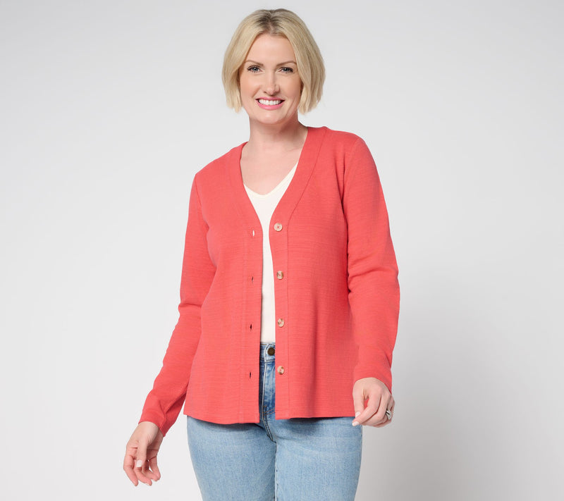 Denim & Co. Textured Cotton Long Sleeve Button Front Cardigan — Main view