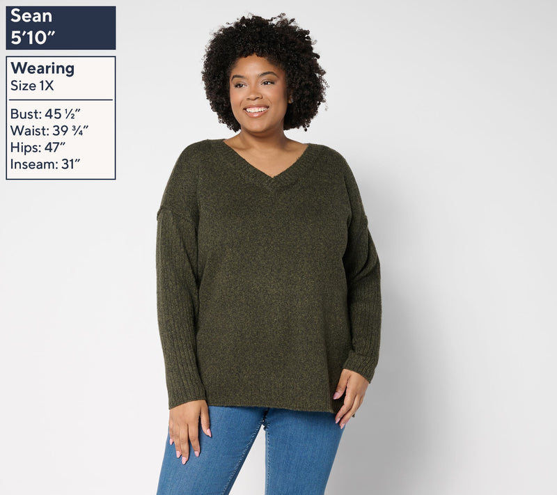 Belle by Kim Gravel Boyfriend Ribbed & Jersey V-Neck Sweater — View 2