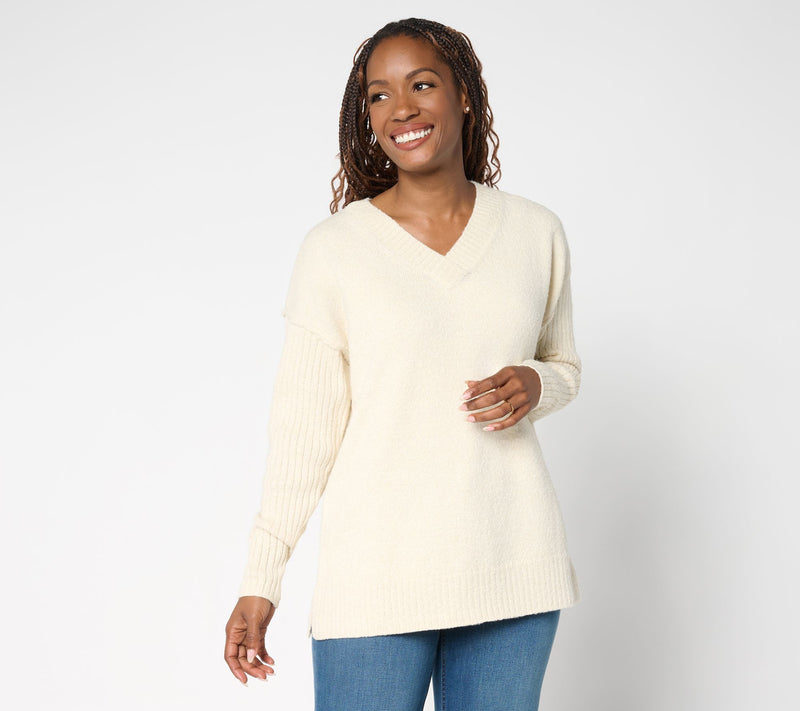 Belle by Kim Gravel Boyfriend Ribbed & Jersey V-Neck Sweater — View 12