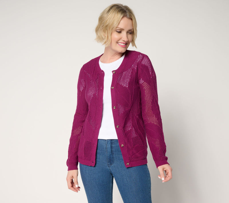 Denim & Co. 100% Cotton Long Sleeve Leaf Patterned Cardigan — View 2