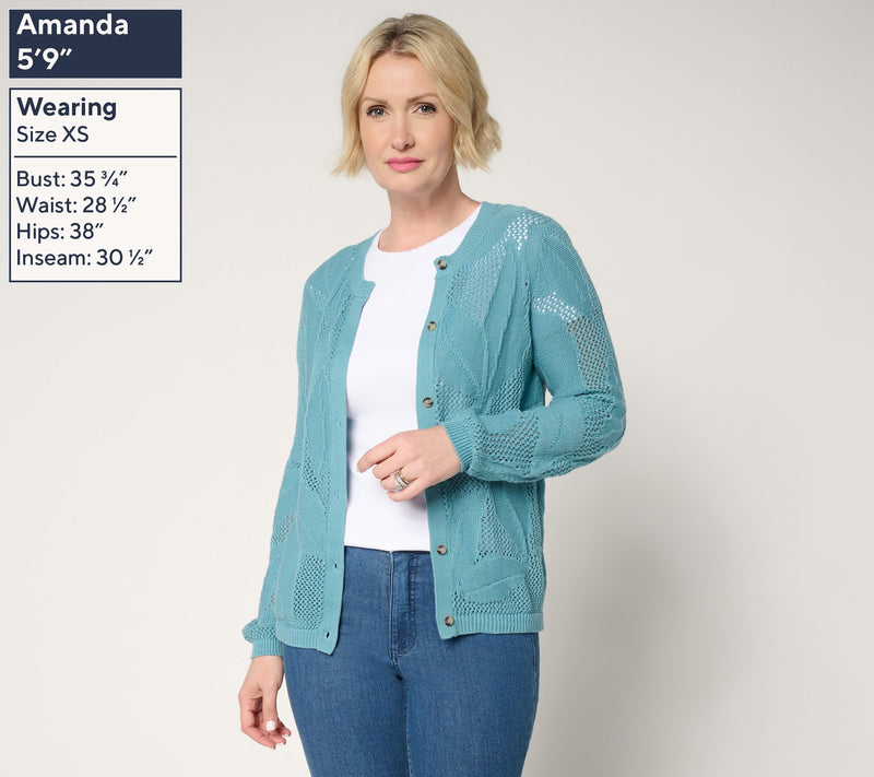 Denim & Co. 100% Cotton Long Sleeve Leaf Patterned Cardigan — View 4