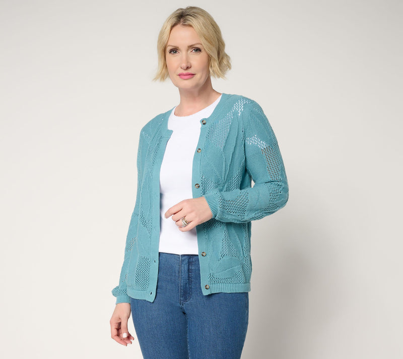Denim & Co. 100% Cotton Long Sleeve Leaf Patterned Cardigan — View 12