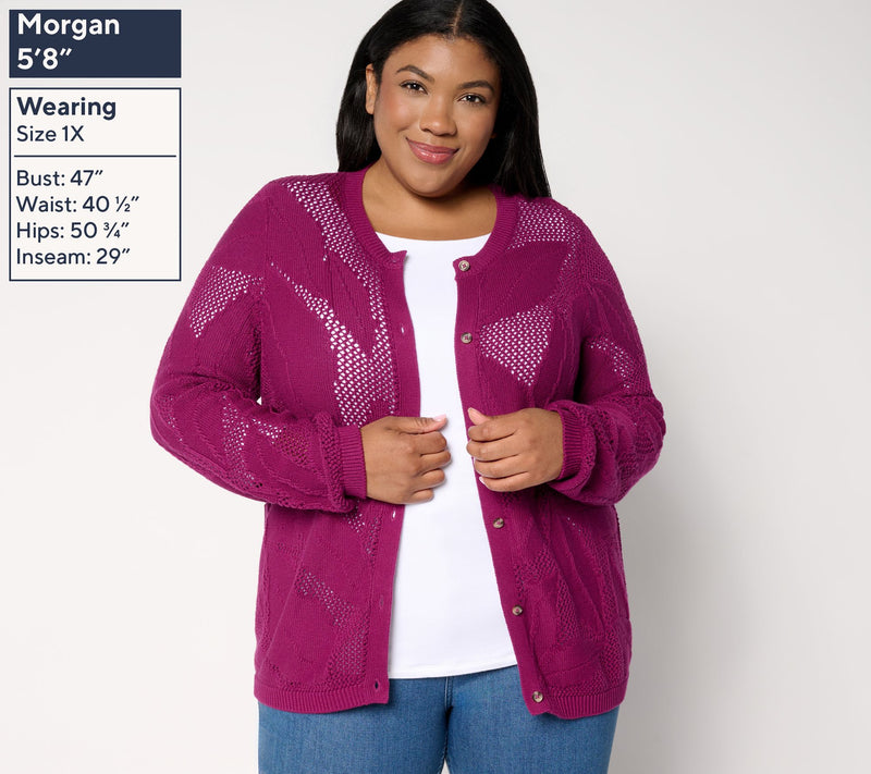 Denim & Co. 100% Cotton Long Sleeve Leaf Patterned Cardigan — View 3