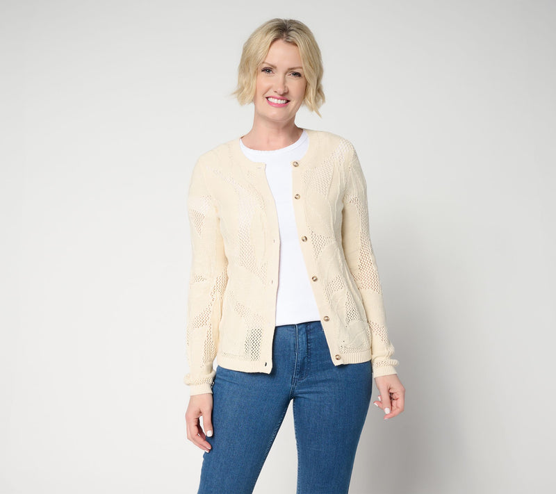 Denim & Co. 100% Cotton Long Sleeve Leaf Patterned Cardigan — View 14