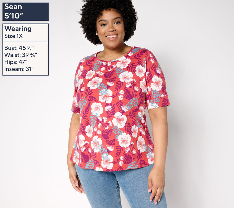 Denim & Co. Perfect Jersey Round Neck Elbow Sleeve Floral Top — View 2