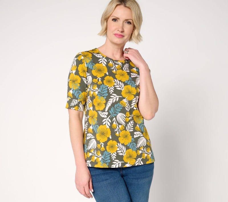 Denim & Co. Perfect Jersey Round Neck Elbow Sleeve Floral Top — View 13