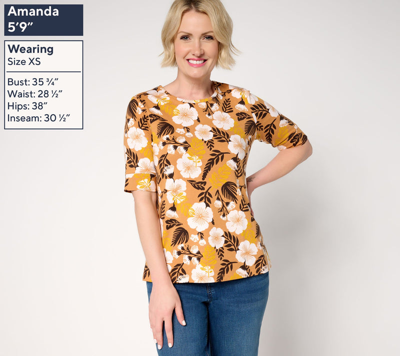 Denim & Co. Perfect Jersey Round Neck Elbow Sleeve Floral Top — View 3