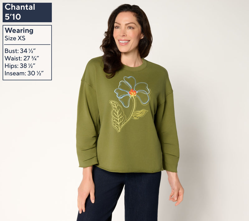 Driftwood Jeans French Terry Gathered Sleeve Pullover - Green — View 4