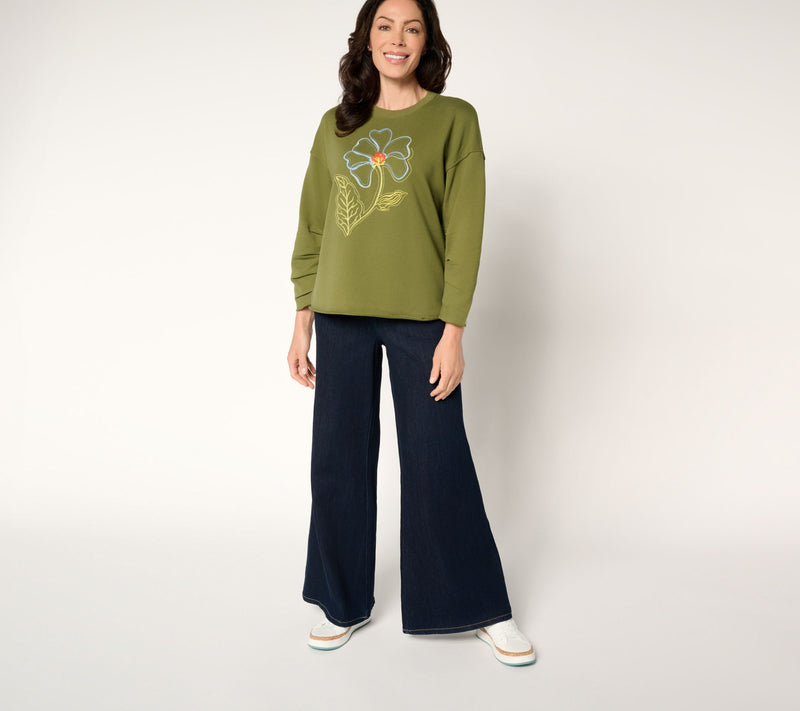 Driftwood Jeans French Terry Gathered Sleeve Pullover - Green — View 6