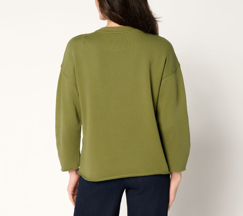 Driftwood Jeans French Terry Gathered Sleeve Pullover - Green — View 5