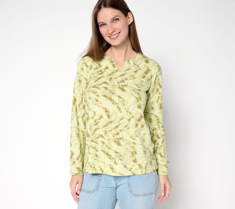 Denim & Co. Active Printed Textured Cotton Split Neck Pullover — Main view