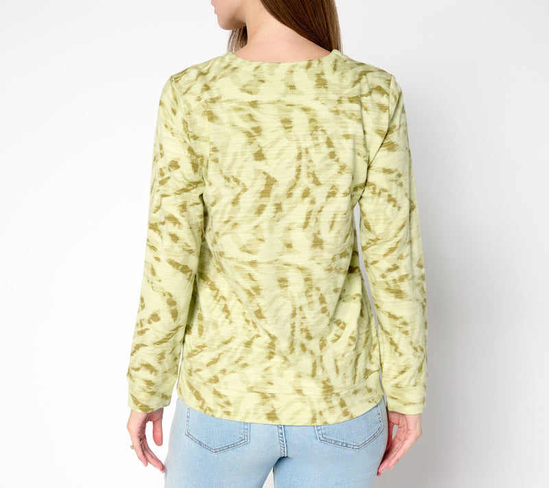 Denim & Co. Active Printed Textured Cotton Split Neck Pullover — View 4