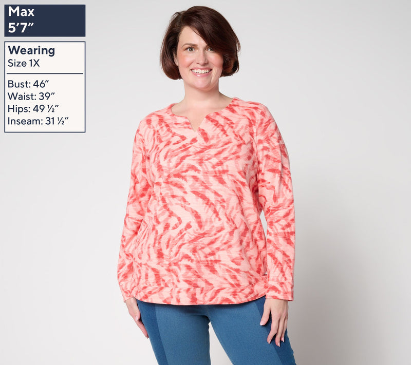 Denim & Co. Active Printed Textured Cotton Split Neck Pullover — View 2