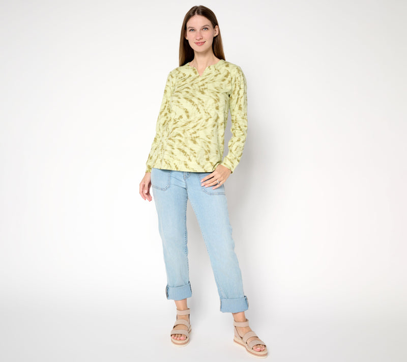 Denim & Co. Active Printed Textured Cotton Split Neck Pullover — View 5