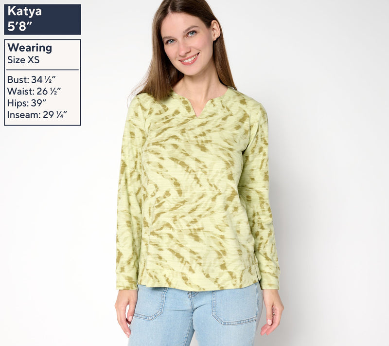 Denim & Co. Active Printed Textured Cotton Split Neck Pullover — View 3