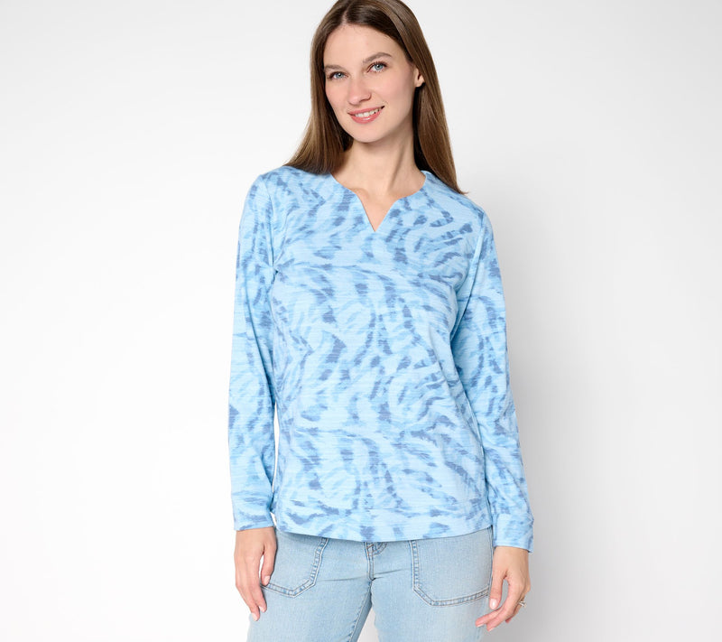 Denim & Co. Active Printed Textured Cotton Split Neck Pullover — View 13