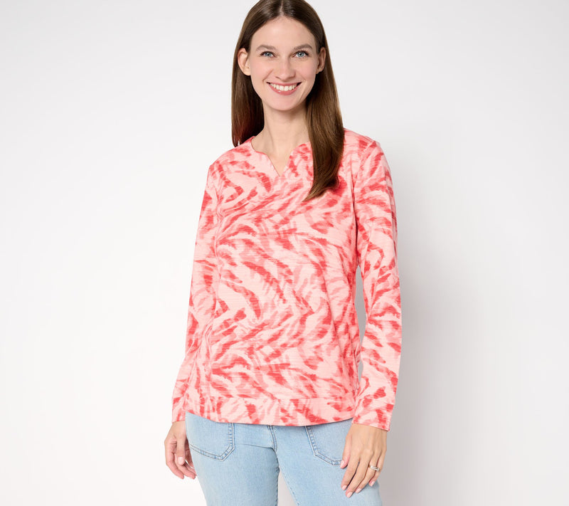 Denim & Co. Active Printed Textured Cotton Split Neck Pullover — View 14
