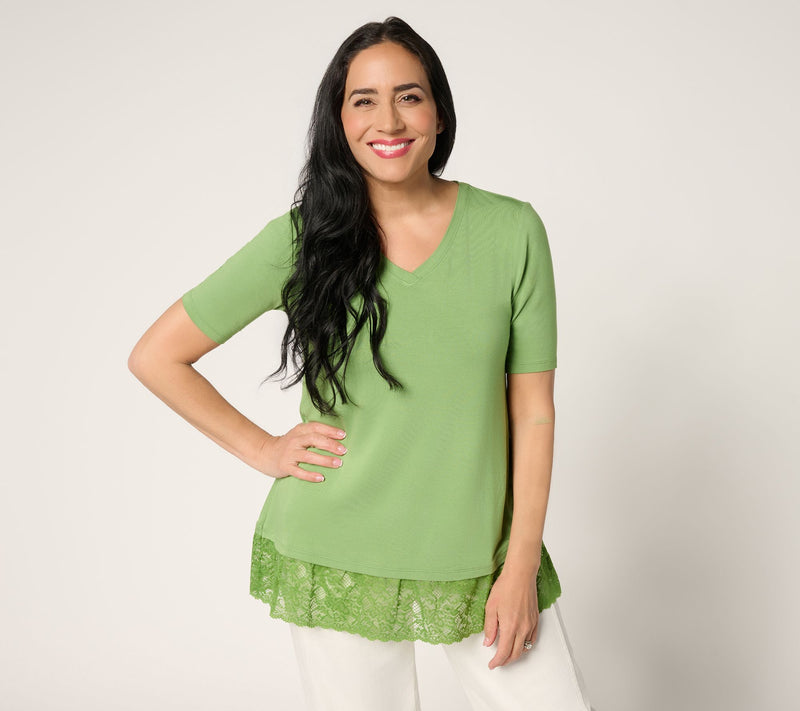 LOGO Layers by Lori Goldstein Elbow Sleeve Lace Hem Top — View 2