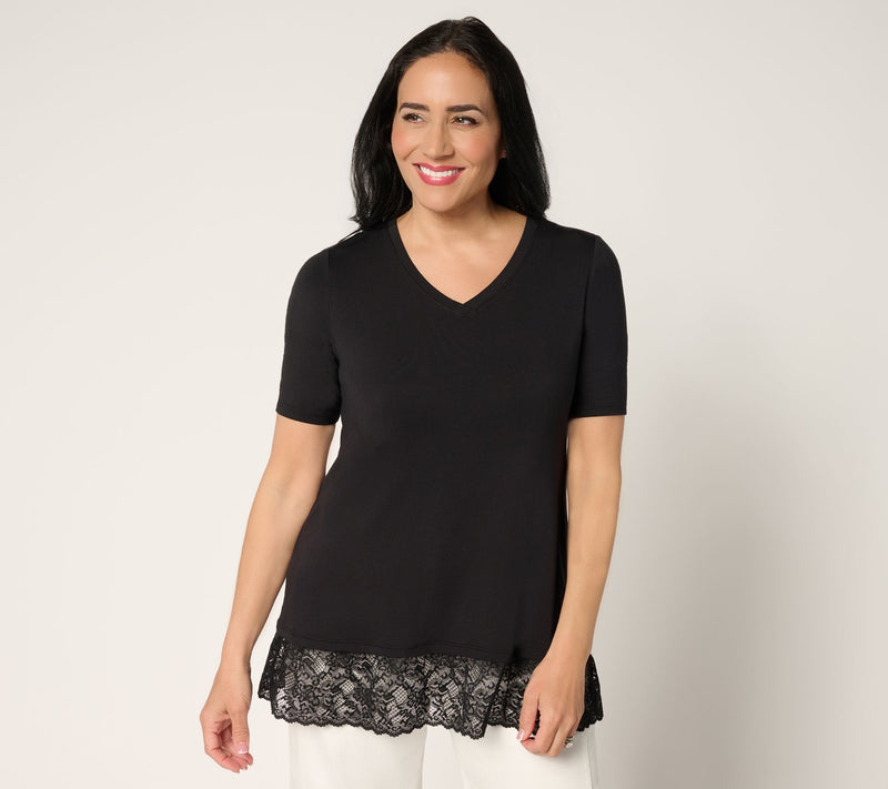 LOGO Layers by Lori Goldstein Elbow Sleeve Lace Hem Top — View 13