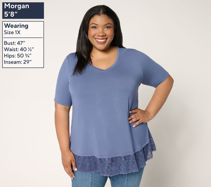 LOGO Layers by Lori Goldstein Elbow Sleeve Lace Hem Top — View 3