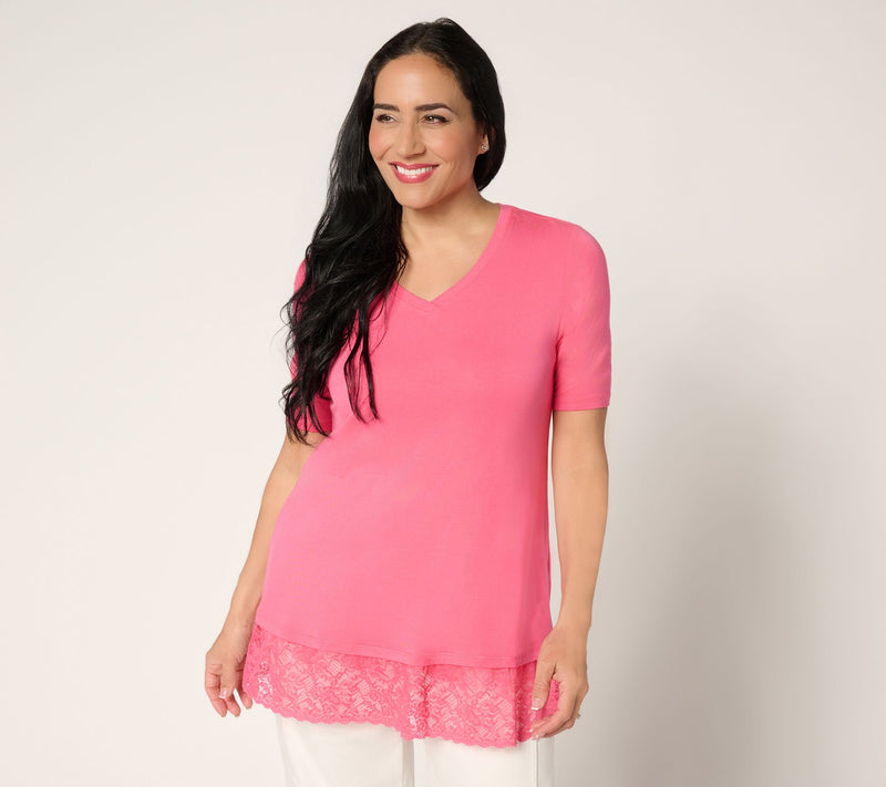 LOGO Layers by Lori Goldstein Elbow Sleeve Lace Hem Top — View 14