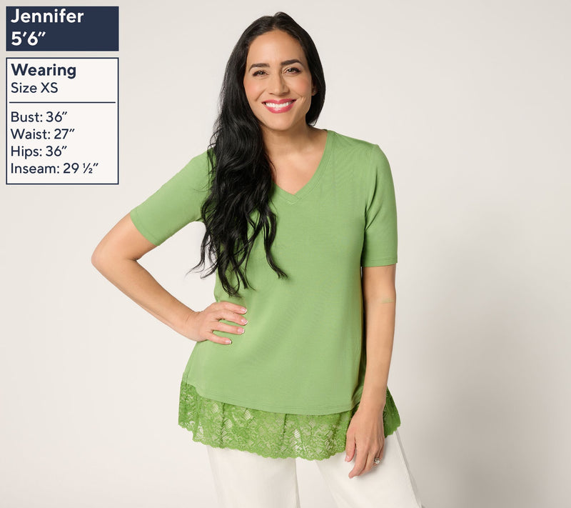 LOGO Layers by Lori Goldstein Elbow Sleeve Lace Hem Top — View 4