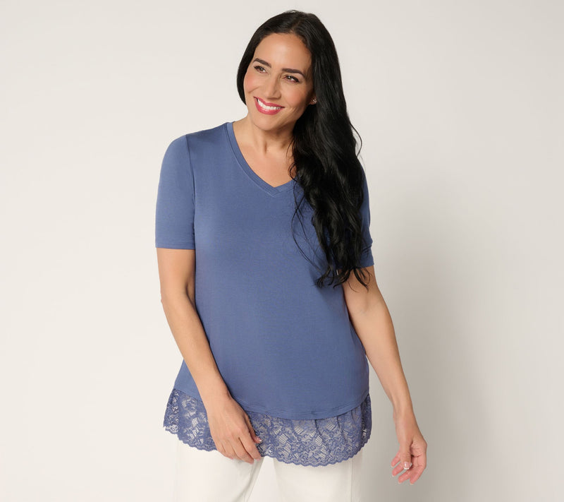 LOGO Layers by Lori Goldstein Elbow Sleeve Lace Hem Top — Main view