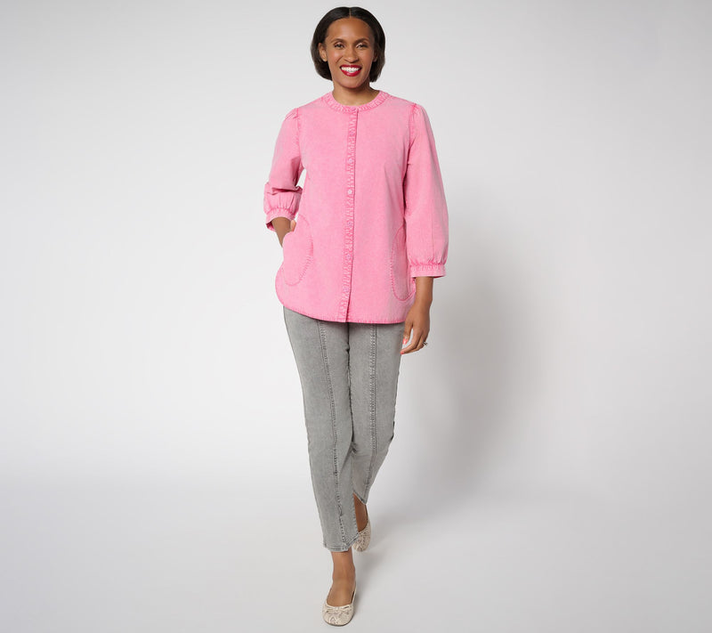 LOGO by Lori Goldstein Button Front 100% Cotton Washed Shirt — View 5
