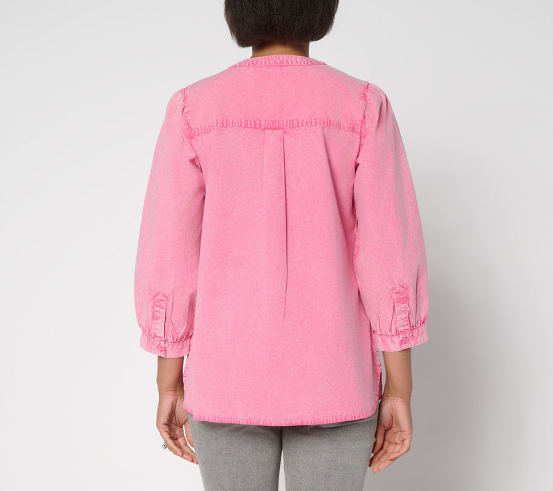 LOGO by Lori Goldstein Button Front 100% Cotton Washed Shirt — View 4